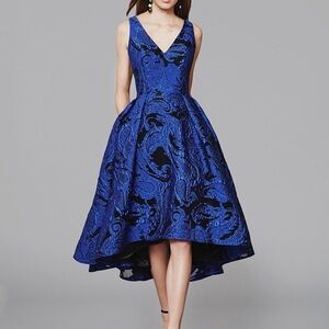 NWOT Frascara blue black evening dress prom gown midi high low mesh floral